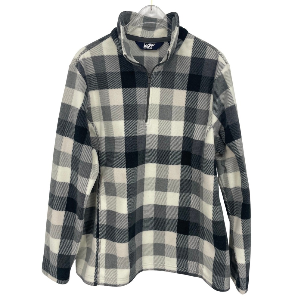 Lands End Womens Fleece Pullover Black Gray Ivory Quarter Zip Size Large